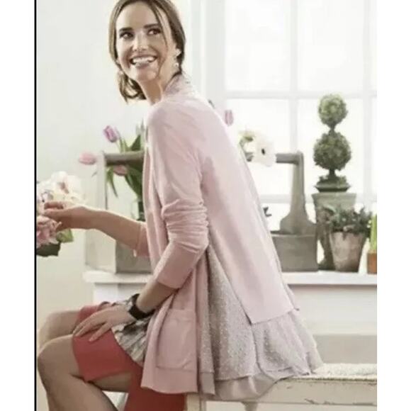 LOGO Lori Goldstein sz XL Pink/Beige Layered Open Cardigan Top Lace Trim A275718 - Picture 1 of 9